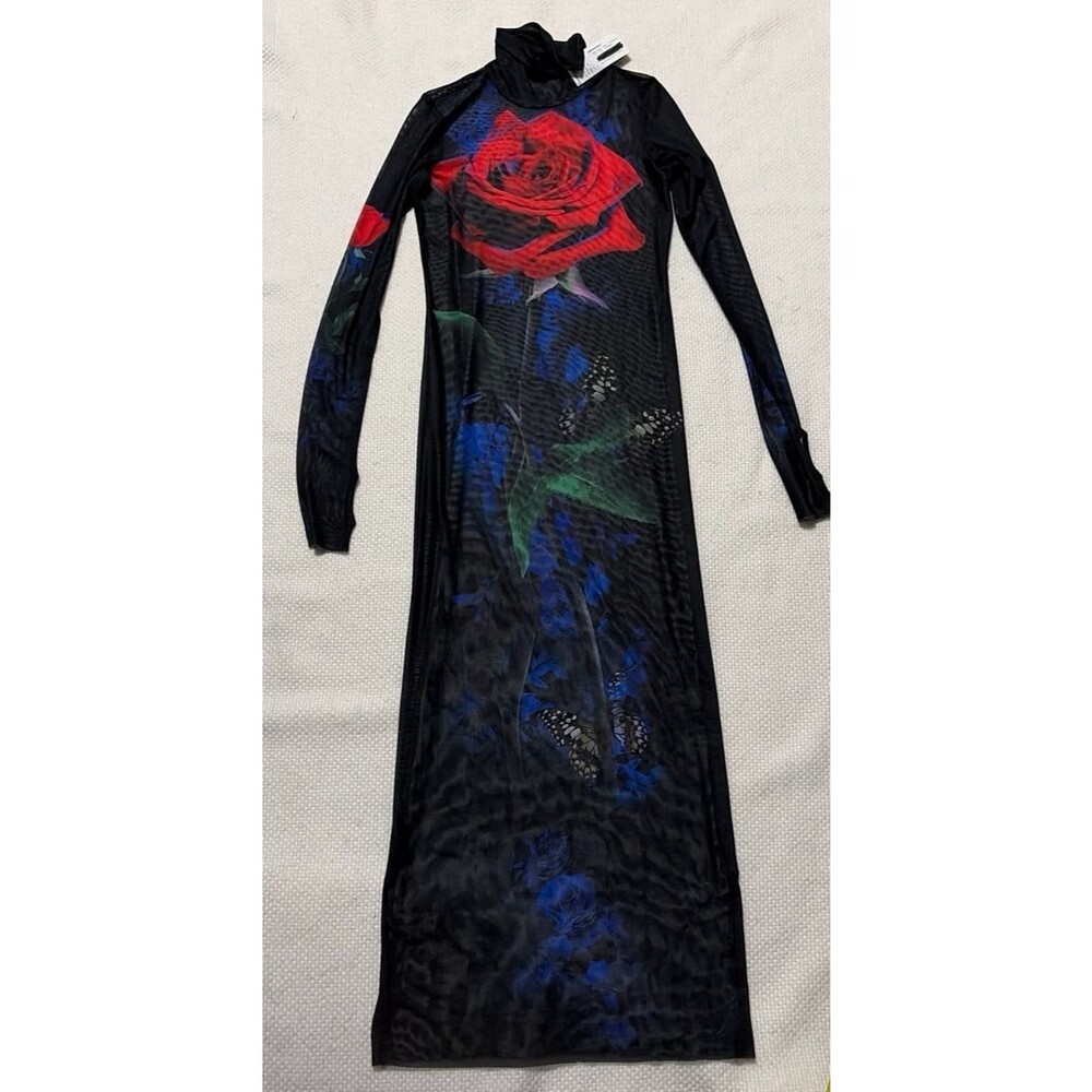 AFRM Sheer Mesh Floral Maxi Dress Black Red Blue Rose Long Sleeve NWT